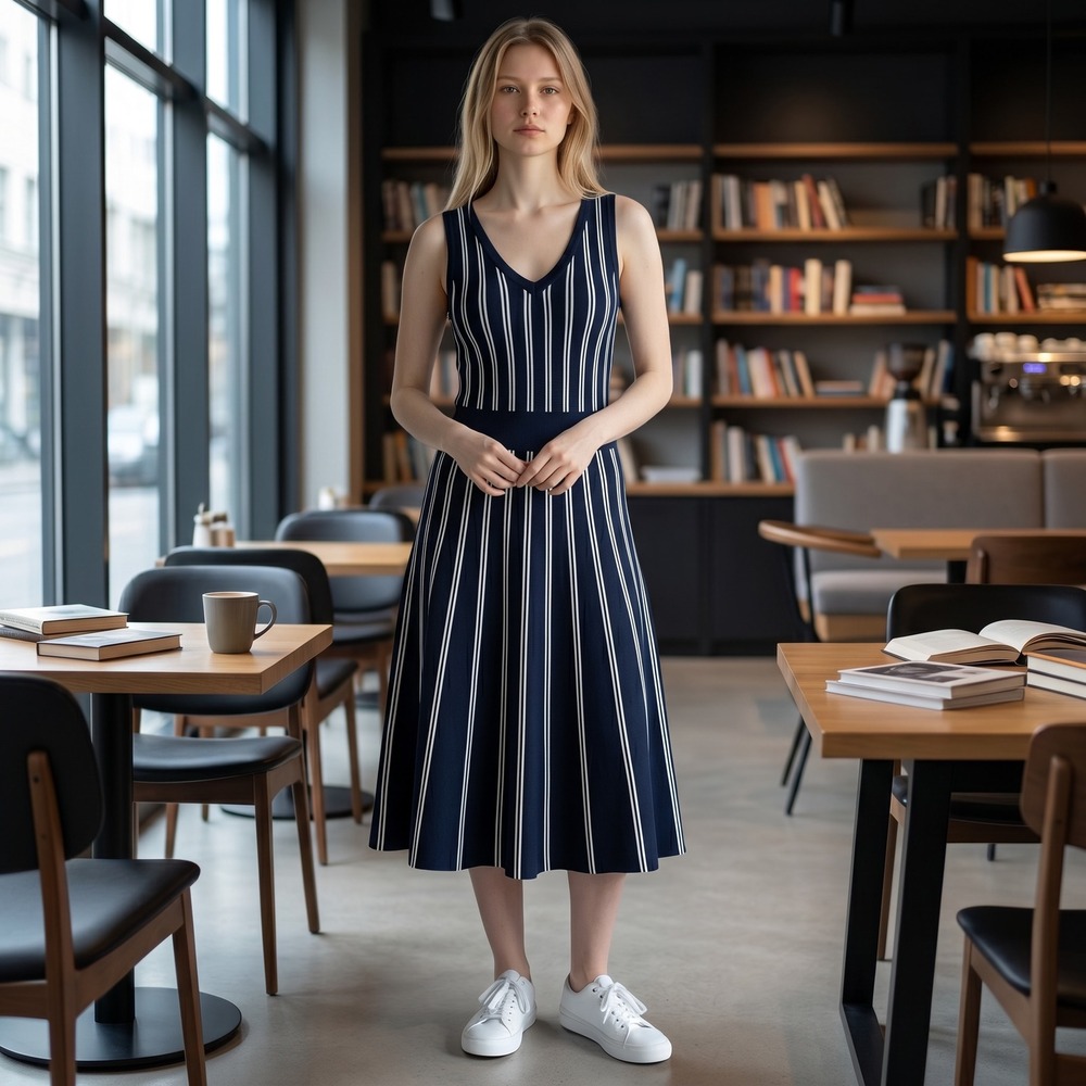 Magia USA Navy Blue White Striped Knit Fit Flare Midi Dress Sleeveless Large